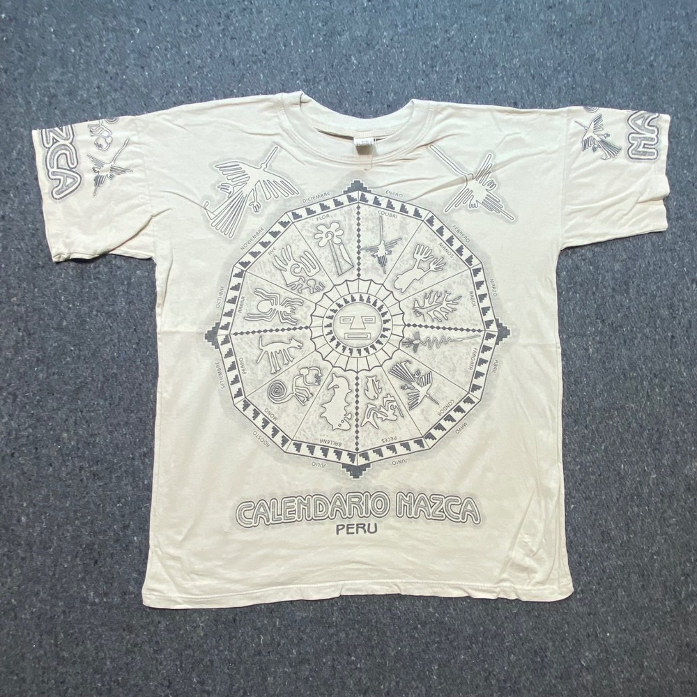 Inca Peru T Shirt M Mens Beige Calendario Nazca Graphic Souvenir Cotton Tee